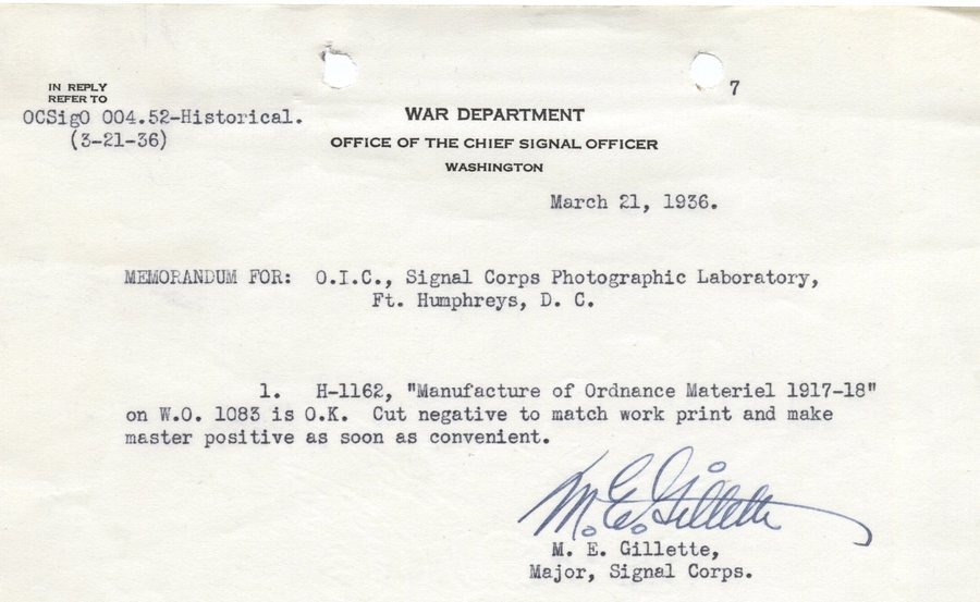 War Department memorandum dated March 21, 1936, approving the re-edited film